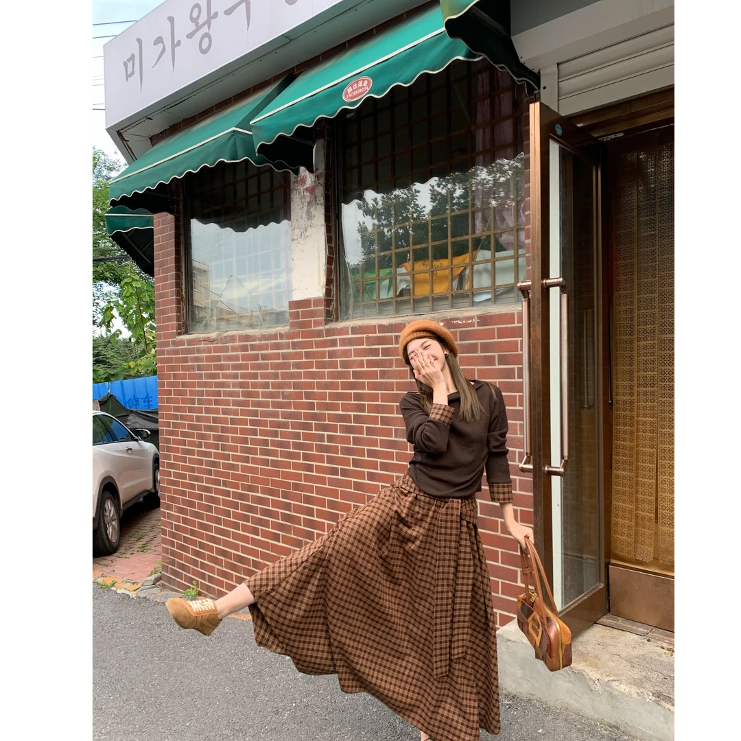 陳文文xenl【复古格忆】秋冬新款美拉德绑带格纹显瘦a字半身裙0149