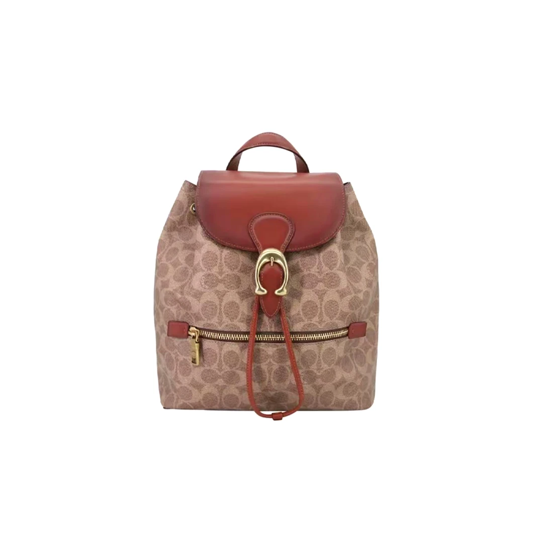 95新 COACH/蔻驰 焦糖色老花C扣抽绳大号双肩包/C3116/25X31X12