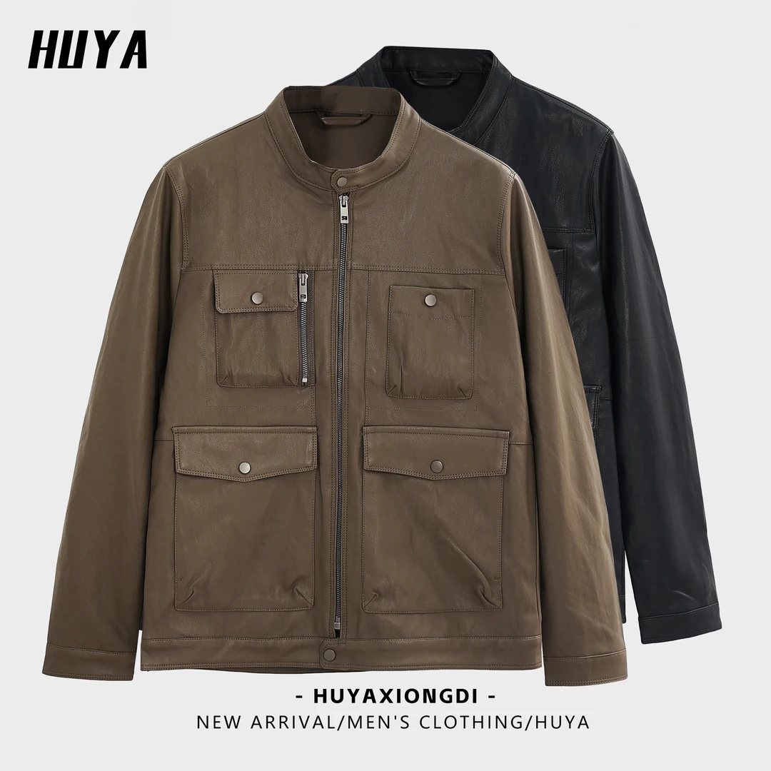 HUYA秋季复古做旧街头百搭时尚立领拉链工装简约皮夹克男77844