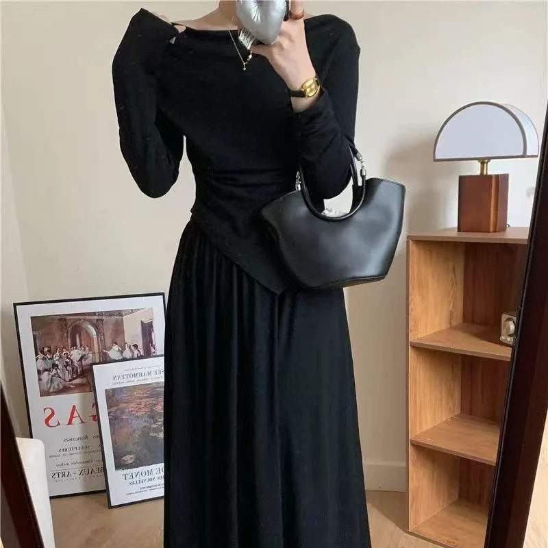 Y T原创（高级感气质套装修身显瘦一字肩长袖上衣褶皱半身裙套装）