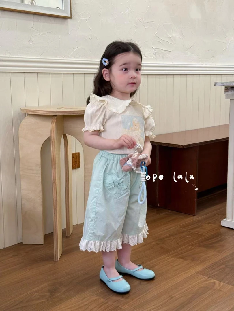 女童米色卡通上衣蓝色花边裤（OPO-8118+8119-夏A）新