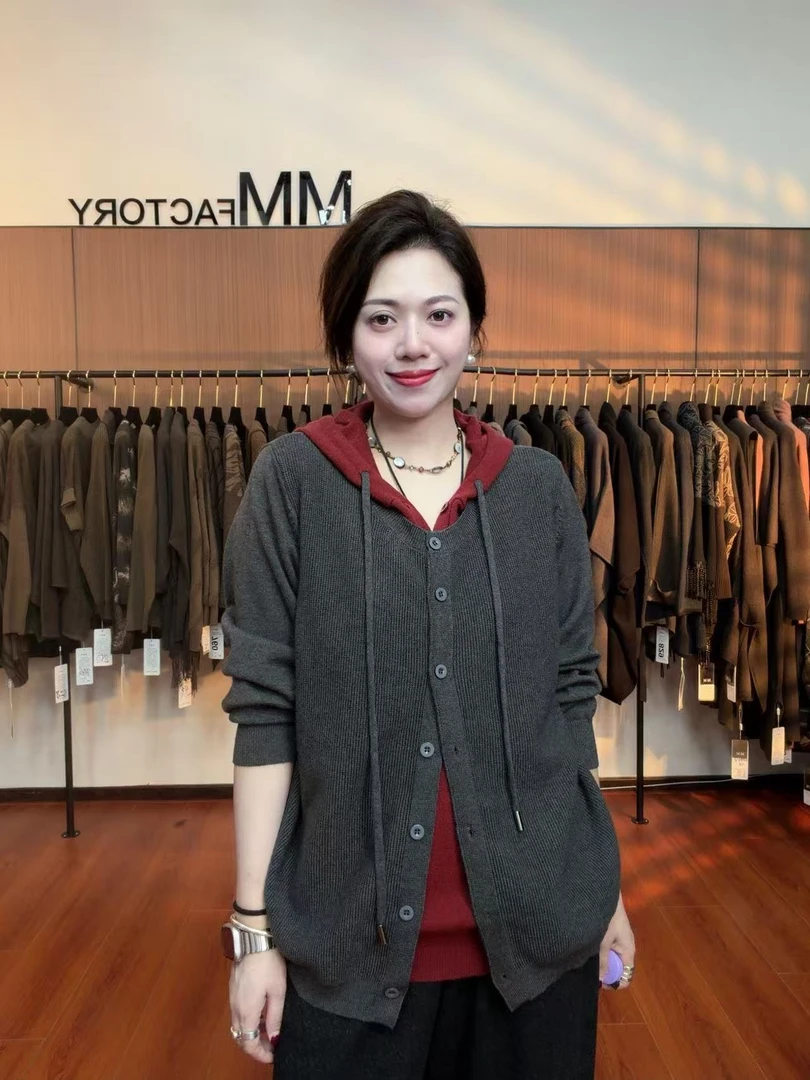 872 MM factory毛针织衫百搭宽松加厚短款假两件女装连帽