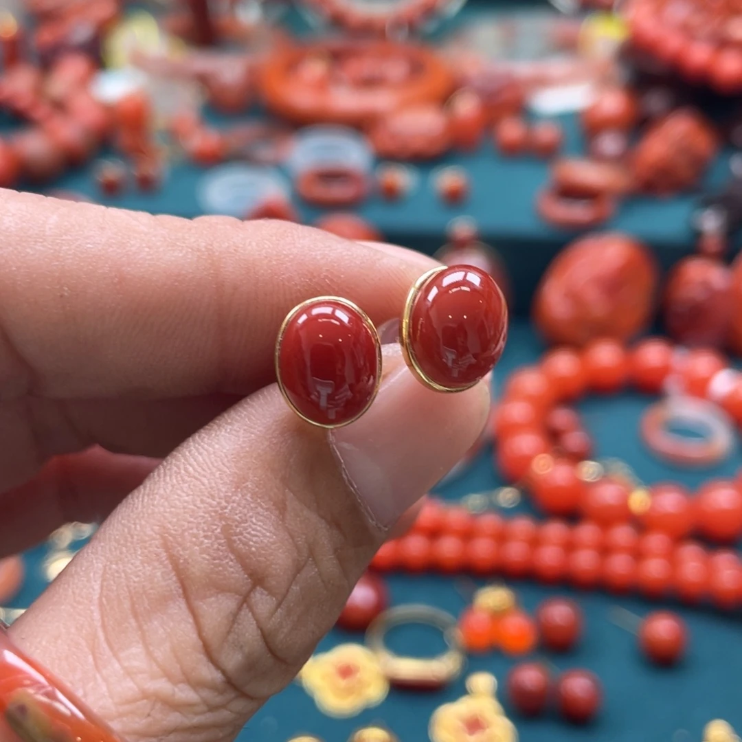 南红玛瑙18K金镶嵌耳饰瓦西牛血红南红蛋面耳钉10mm*8mm