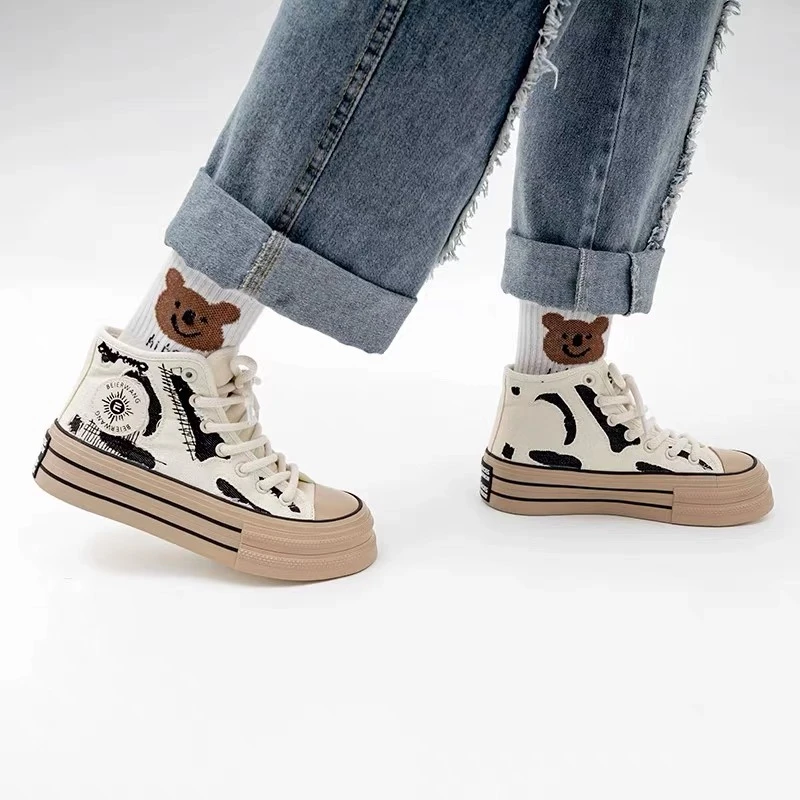 BE-6700黑色 复古帆布鞋高帮女2025新款韩版小众设计百搭休闲板鞋