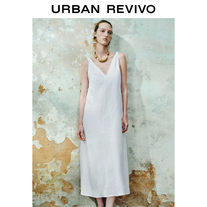 UR2025夏季新款女装休闲度假感长款开衩V领连衣裙UWH750049