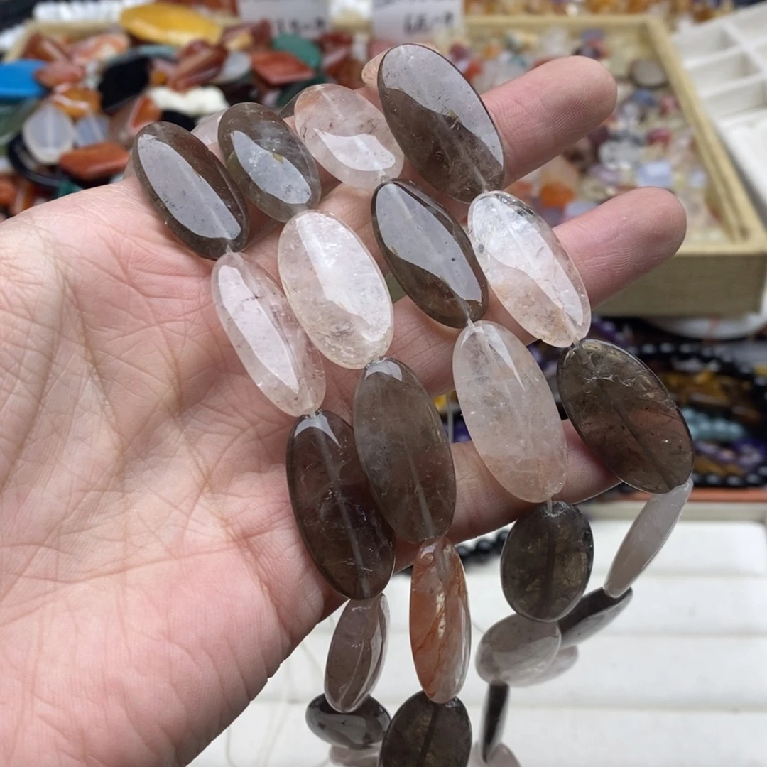 玛瑙/玉髓未镶嵌珠宝半成品一条有瑕胶花茶晶椭圆天然B42