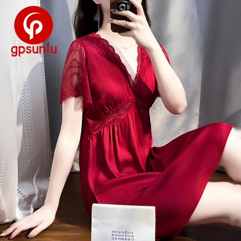 GPSUNLUV领蕾丝边睡裙夏季短袖红色性感女士睡衣纯欲风家居服