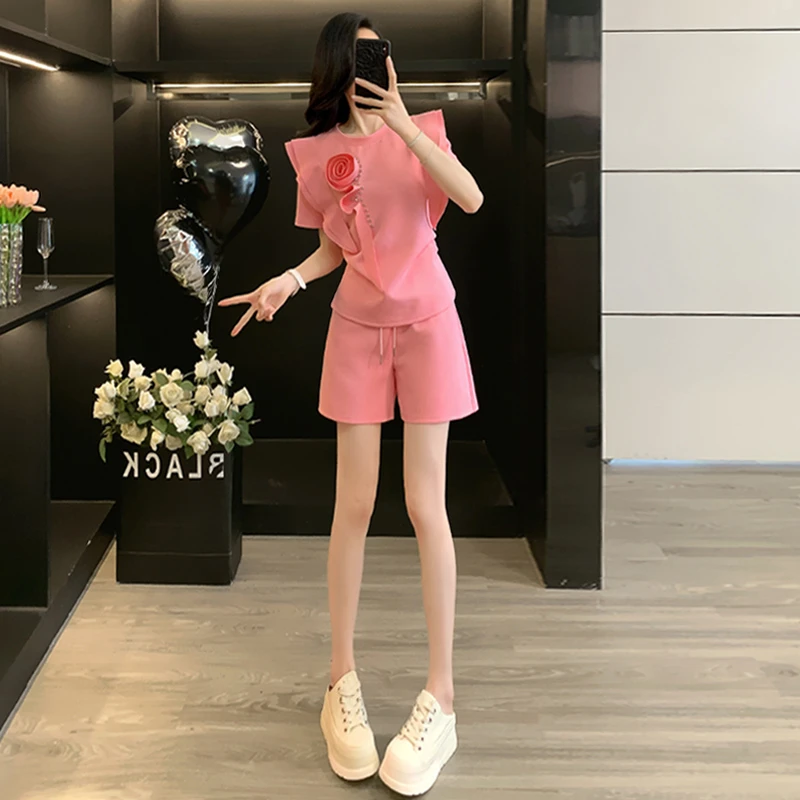 小香风时尚洋气套装女夏新款圆领粉色立体花朵短袖宽松短裤两件套