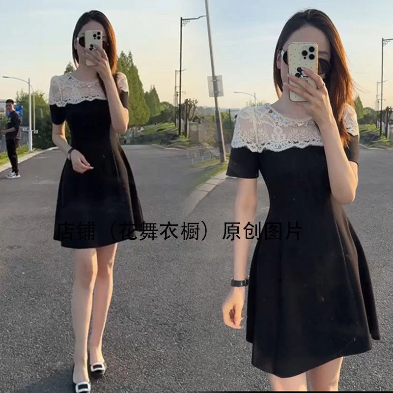 千金小香风黑色蕾丝拼接连衣裙女2025新款法式裙子质感高级感礼服