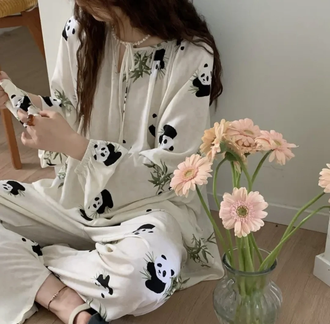 新款棉绸长袖薄款套头女士睡衣女套装大码夏天宽松家居民国风睡衣