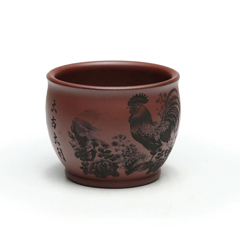 【宜兴鑫源堂】龙血砂手工墨绘金鸡报喜主人杯茶具150cc