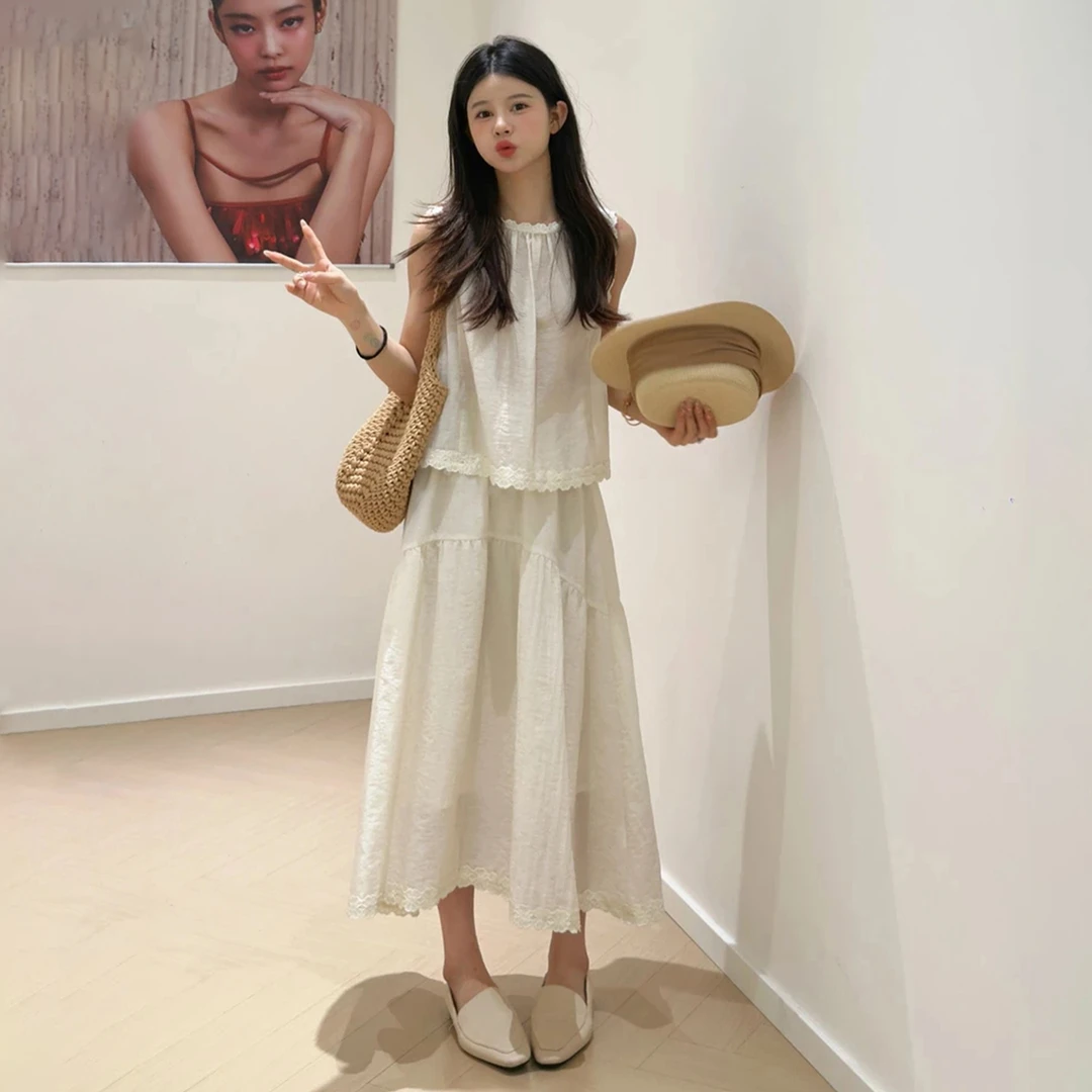 【清仓+运补5米】白色无袖连衣裙子女夏季2025一整套装小个子5550