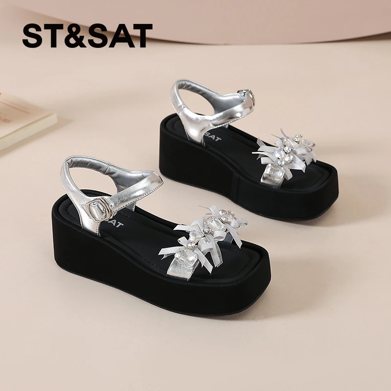 星期六外穿增高水钻一字带凉鞋女款2025新款百搭厚底时尚罗马凉鞋