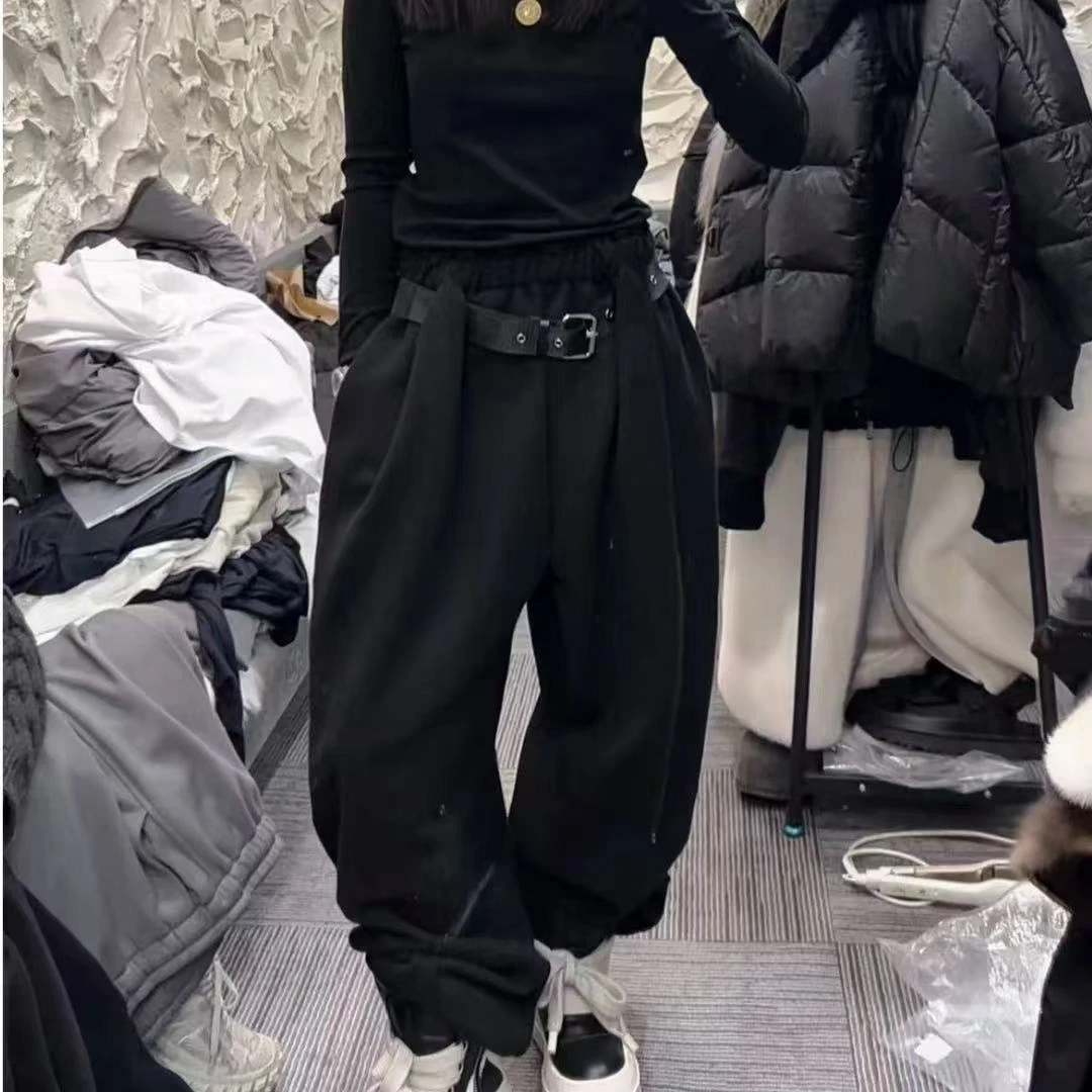 腰带款加绒黑休闲裤