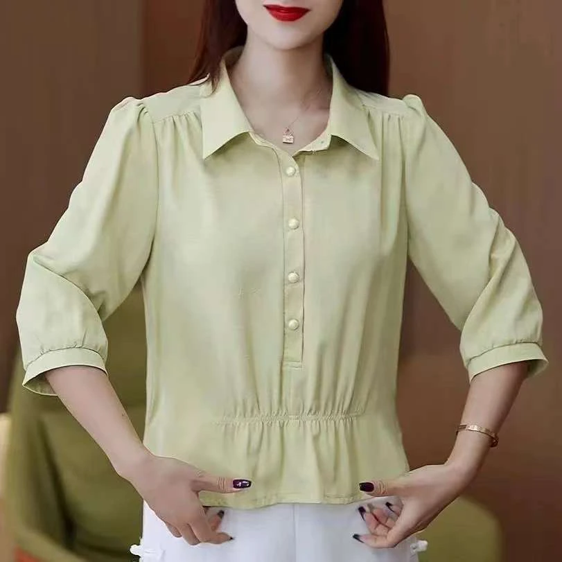 新款中袖宽松气质减龄显瘦设计感洋气套头衬衫女春秋适用小众收腰
