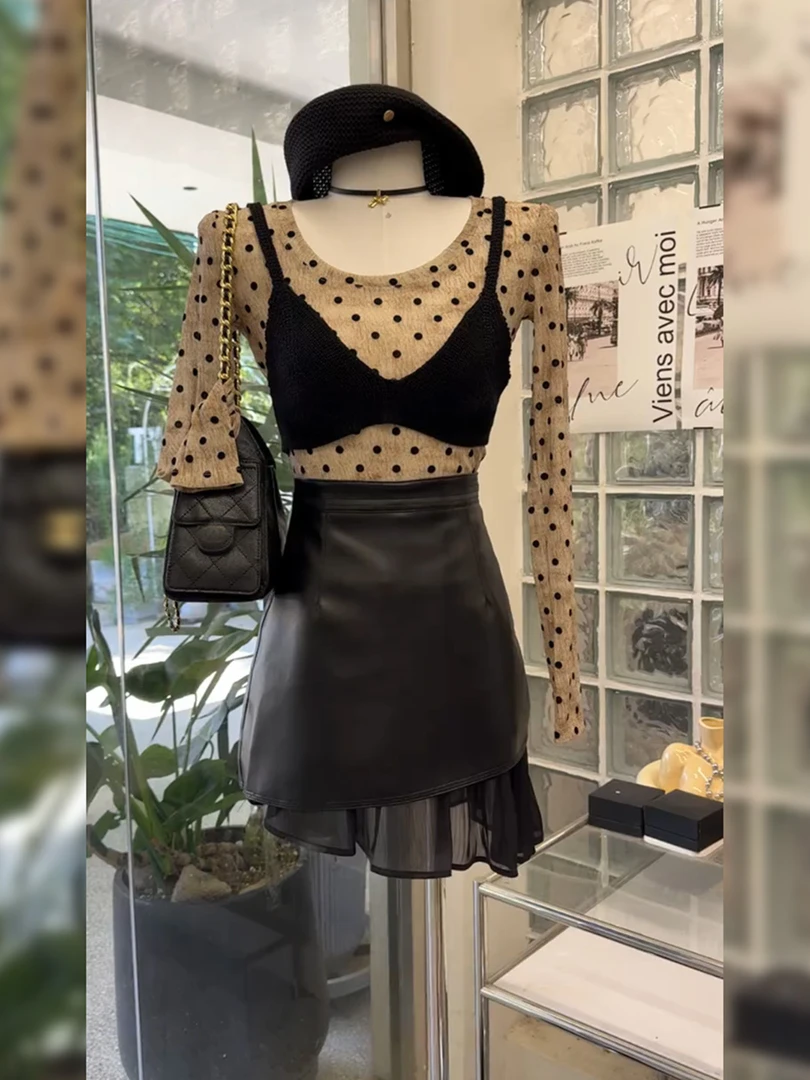 2025秋季新款时尚性感纯欲风透视波点假两件上衣黑色半身裙套装女
