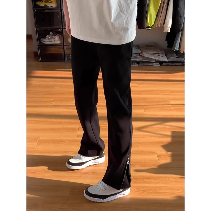 cleanfit男生裤子春秋黑色拉链微喇卫裤男款美式修身直筒休闲裤