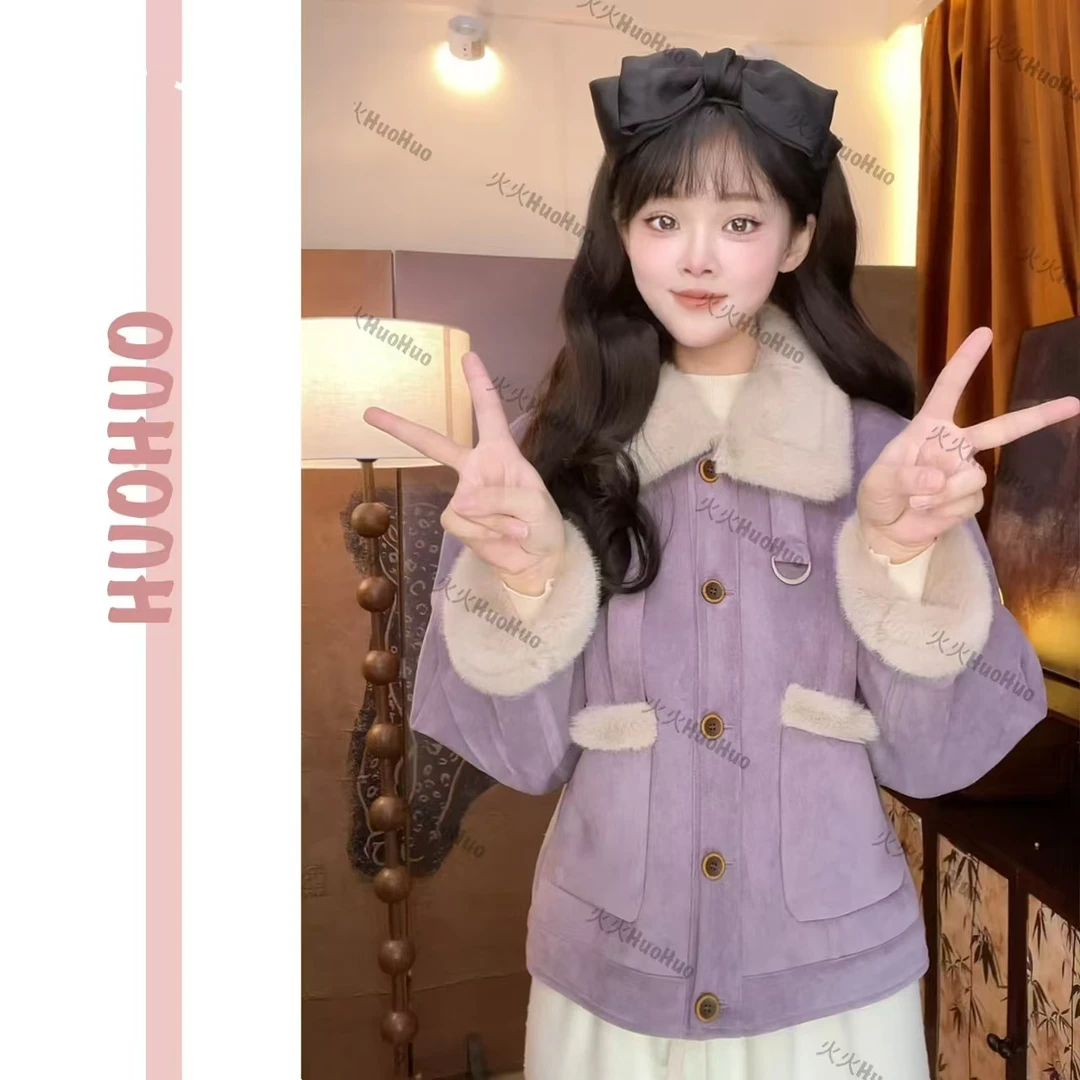 冬季韩系仿皮毛一体立领加绒加厚气质百搭高级感短外套