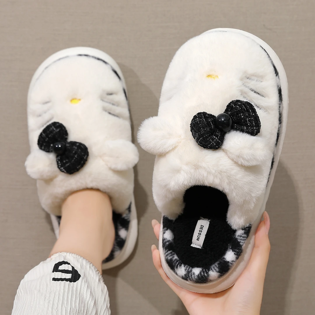 可爱蝴蝶结猫咪棉拖鞋女士2025冬季新款居家防滑踩屎感毛毛绒拖鞋