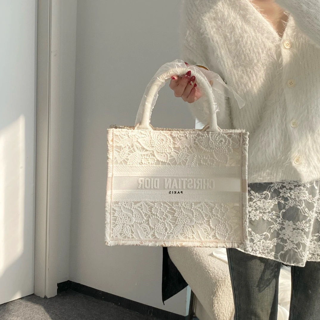 95新 DIOR/迪奥 dior白色蕾丝tote手提包