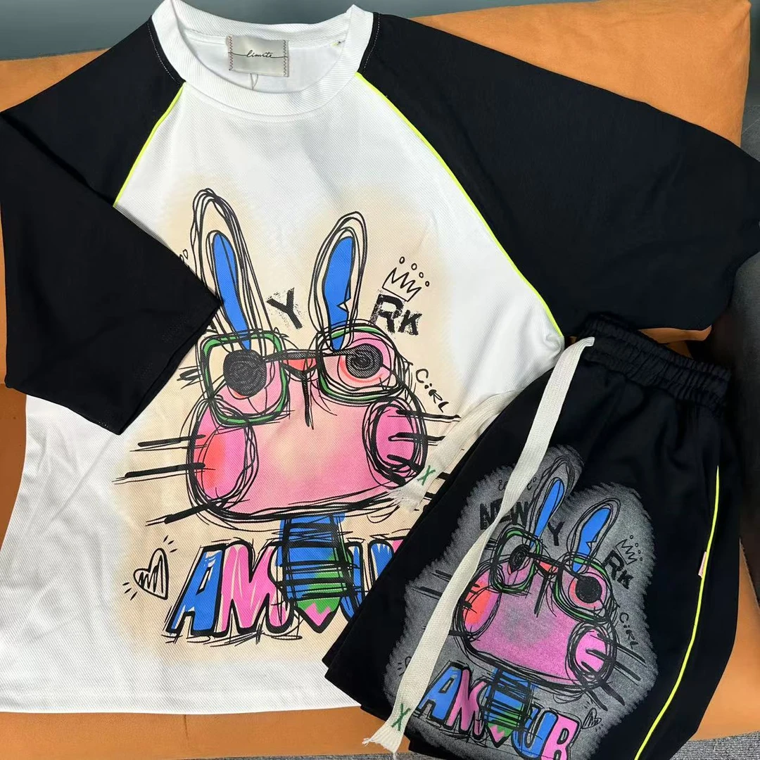 新款潮牌大码T恤裤子长袖休闲重工情侣宽松印花韩版卡通