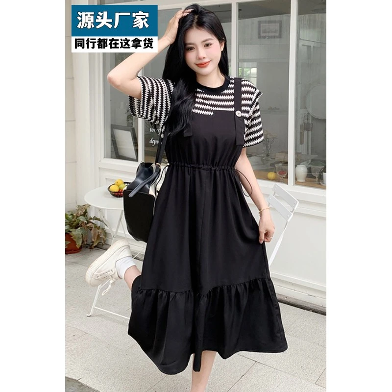 梵乐芬大码夏季新款时尚百搭气质假两件条纹拼接洋气收腰显瘦短袖