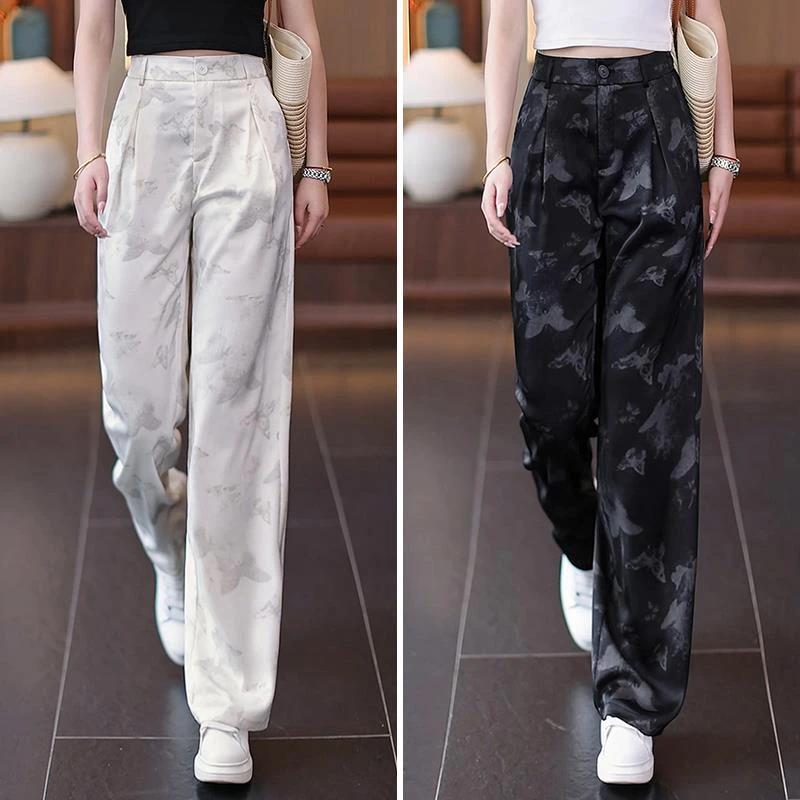 百搭黑色蝴蝶缎面垂坠感宽松女2025夏季阔腿裤高腰时尚设计感休闲