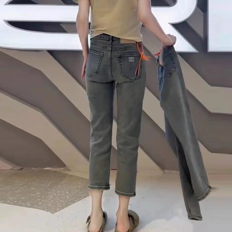 2025年新款高腰直筒牛仔裤女小个子春秋薄款弹力显瘦八分烟管裤子