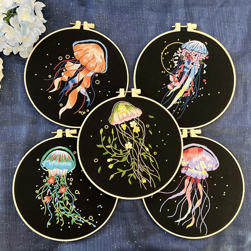 海洋刺绣水母挂件 手工diy材料包立体鲁绣创意卡通画简单小画