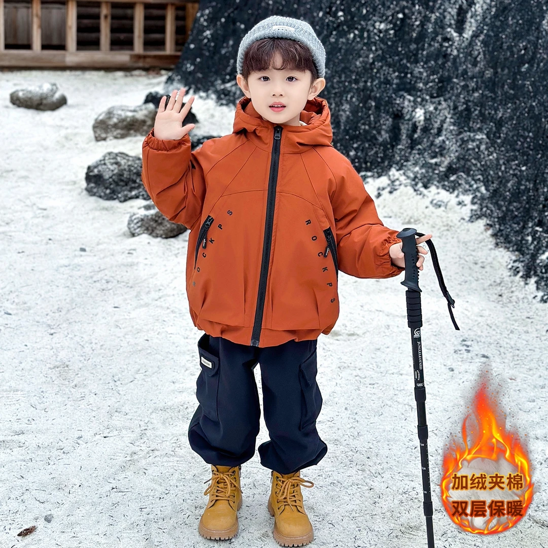 宝宝冬季加绒加厚棉衣2025年韩版连帽韩版酷帅棉袄痞帅男童派克服