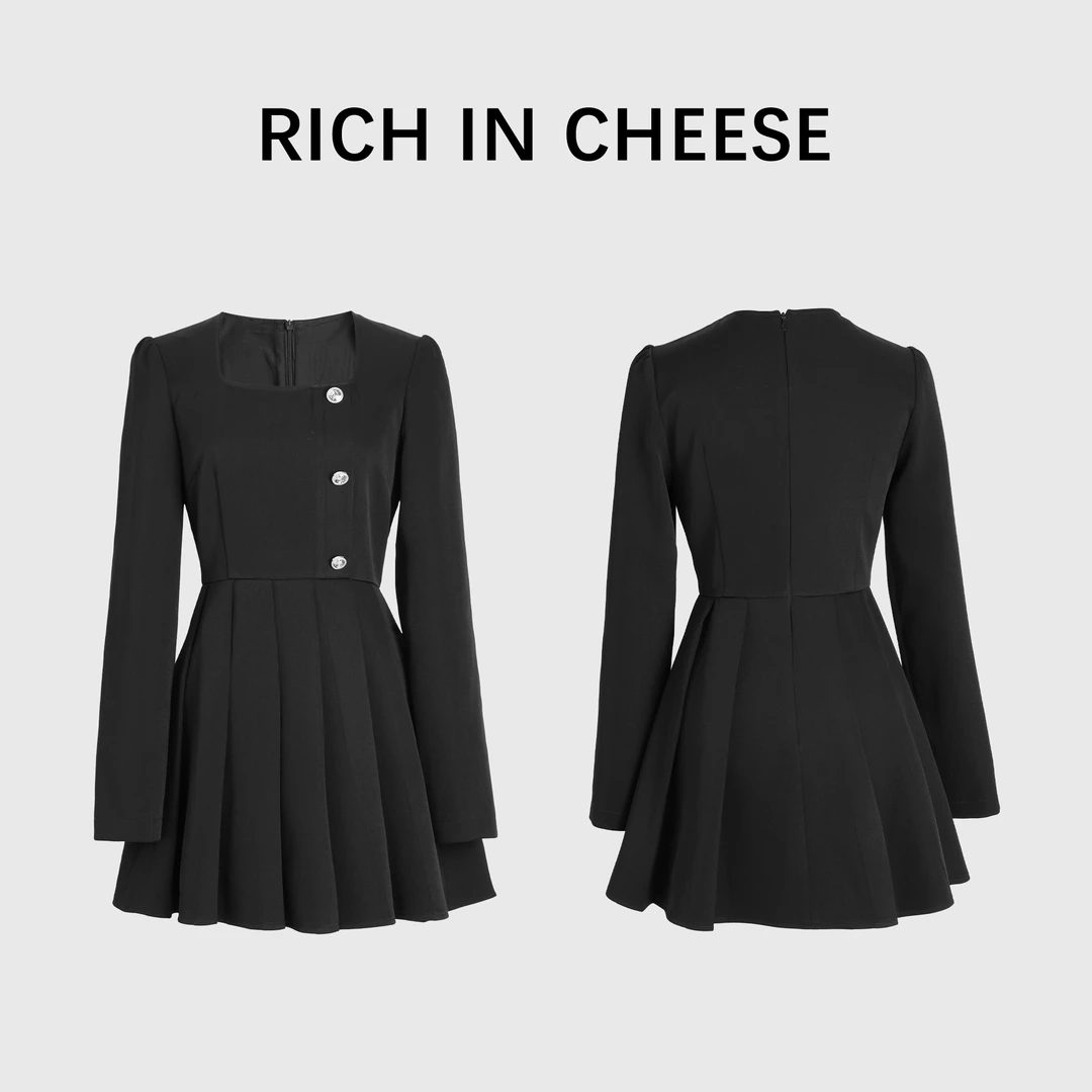 【清清】RICHINCHEESE 爱尔兰初 短款复古方领显瘦收腰连衣裙
