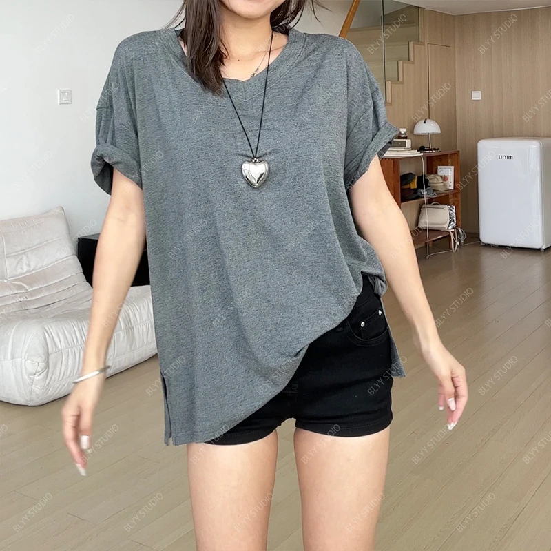 【部分现】高级感超好看宽松短袖T恤女2025新款显瘦V领上衣250042