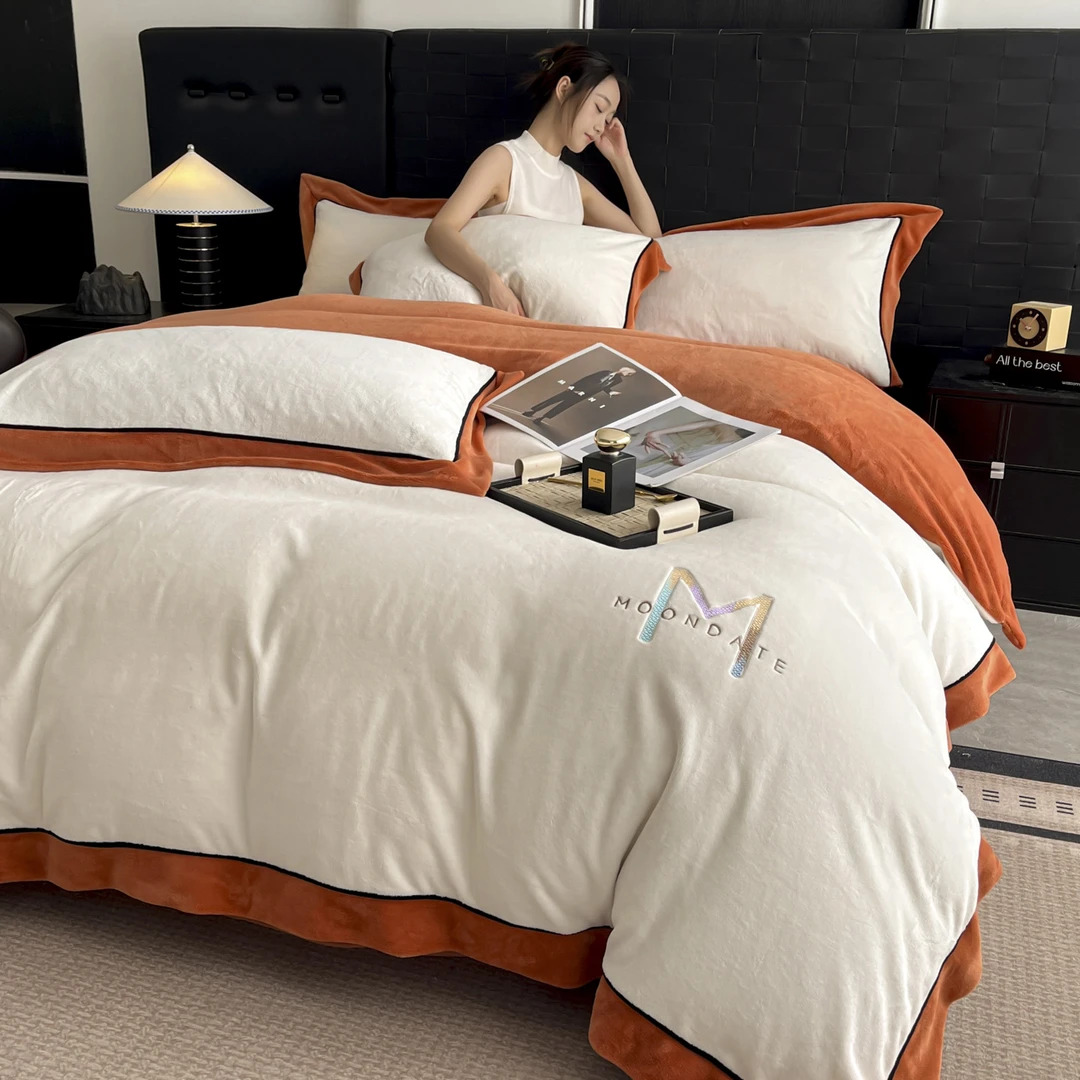 富安娜新款轻奢风牛奶绒四件套刺绣加厚保暖双面绒被套床单床笠款