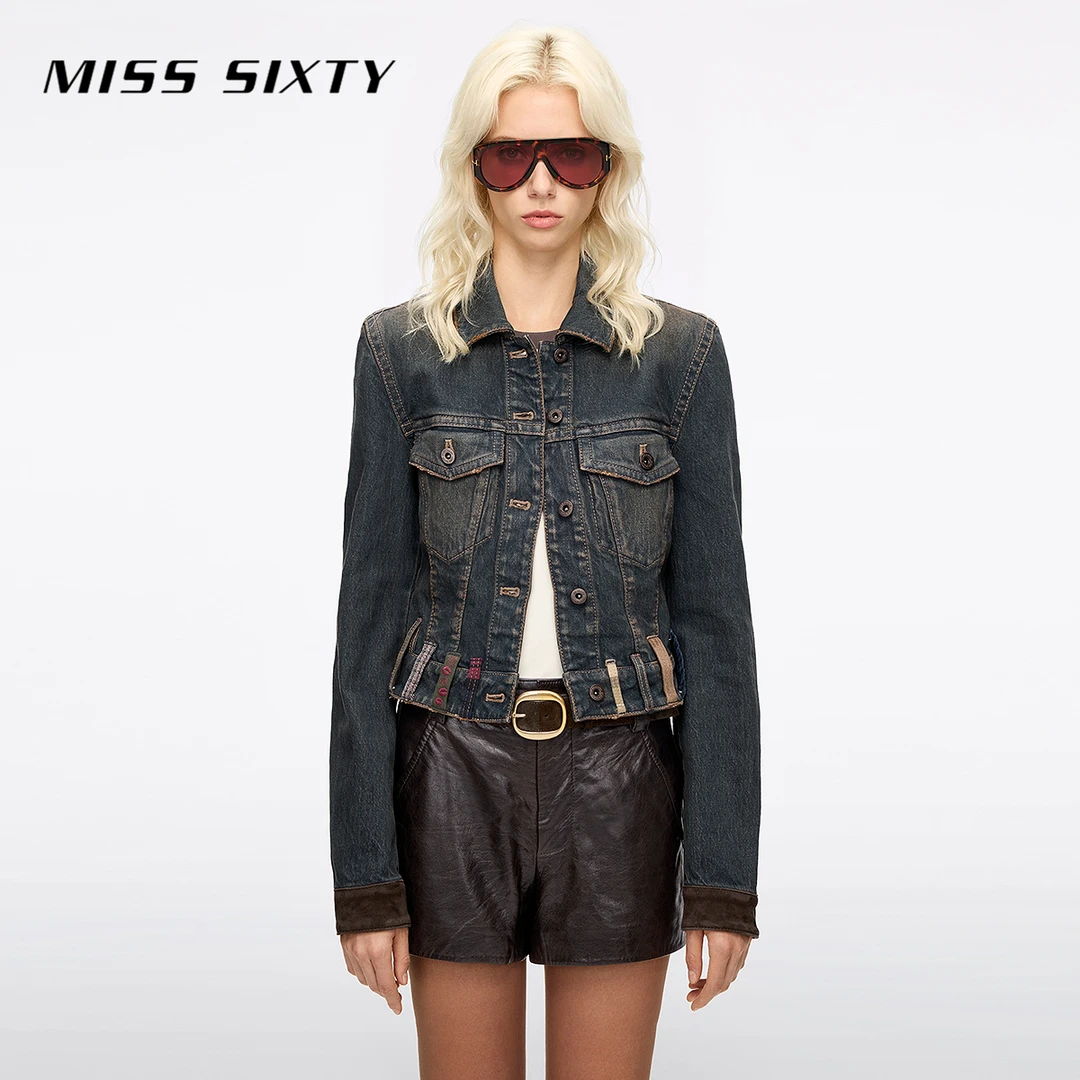 Miss Sixty2025秋季新款工装牛仔外套女多耳仔拼皮复古短款上衣