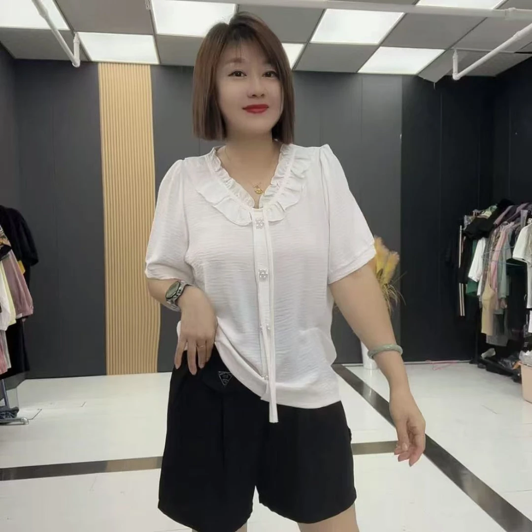 影2996时尚洋气凉爽V领花边气质显瘦半袖衫