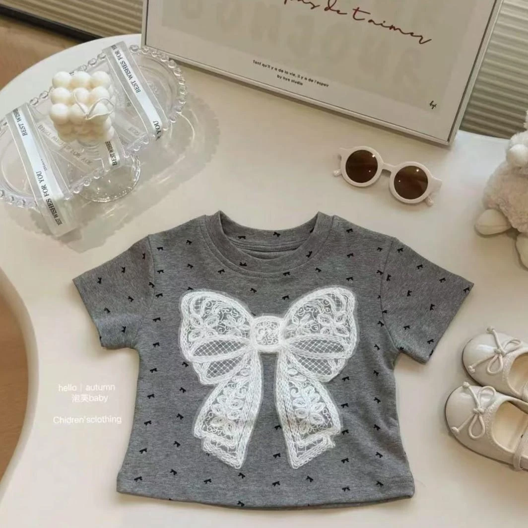 2025全新夏款女宝时尚灰底印花立体蝴蝶结短袖T恤潮流时尚爆款T恤