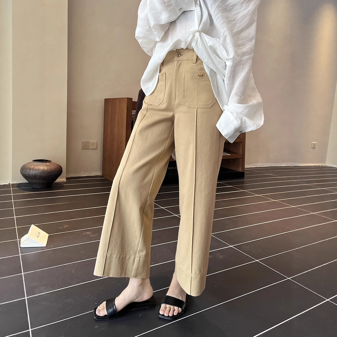 十三行秋新款天丝亚麻牙签褶通勤百搭九分直筒休闲裤女