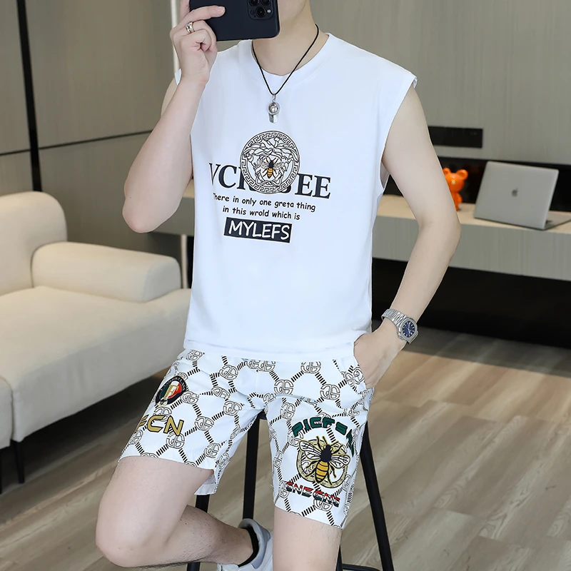 男士夏季休闲运动套装休闲时尚潮流个性印花薄款无袖帅气男圆领