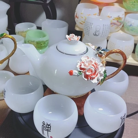 琉璃中式珐琅彩花开富贵一壶六杯礼盒套装