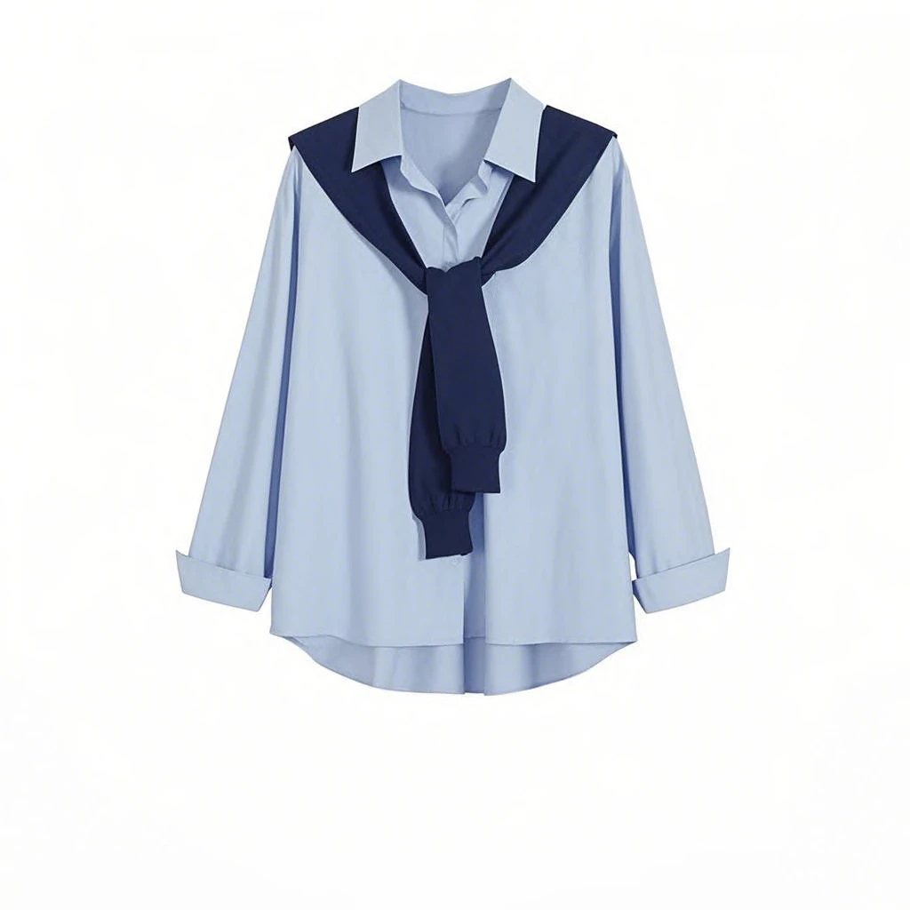 设计感披肩拼接蓝色女士衬衫休闲百搭春季时尚长袖上衣-9633