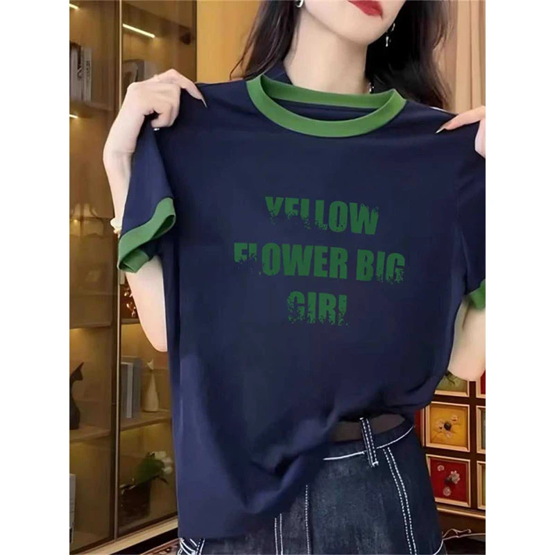 圆领短袖T恤女春夏季2025新款潮流时尚印花计感百搭修身撞色上衣