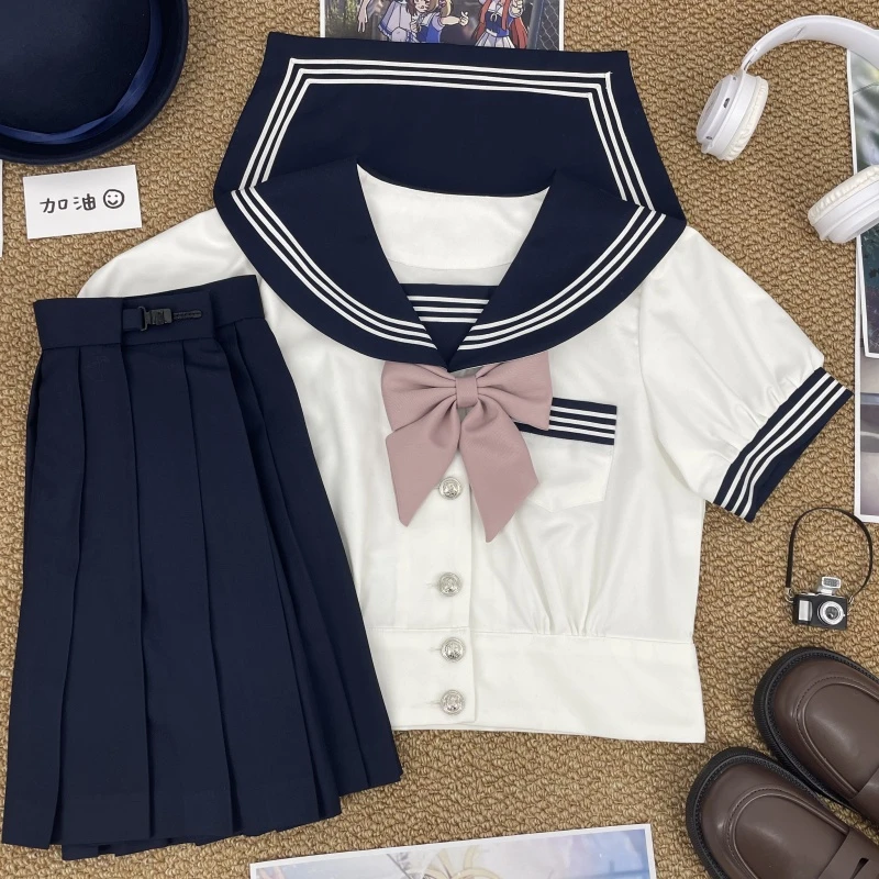 大婶家原创正统正版JK制服日系海军风泡泡袖收腰白三本水手服班服