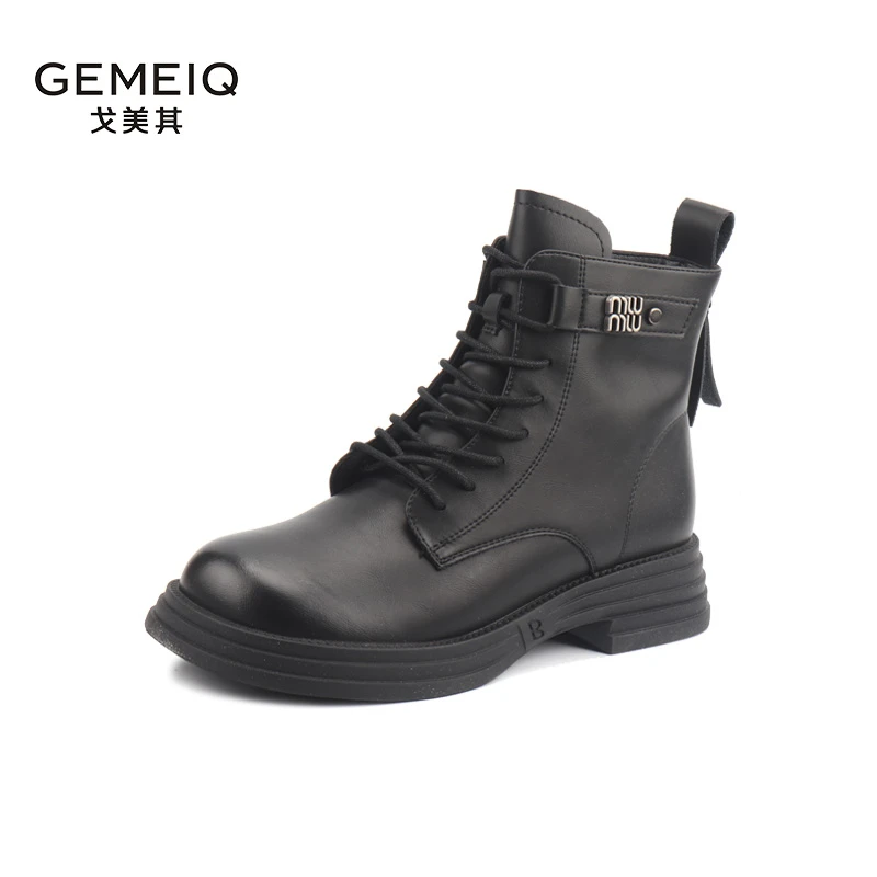 GEMEIQ/戈美其冬季圆头马丁靴加绒保暖中跟简约英伦风女短靴A112