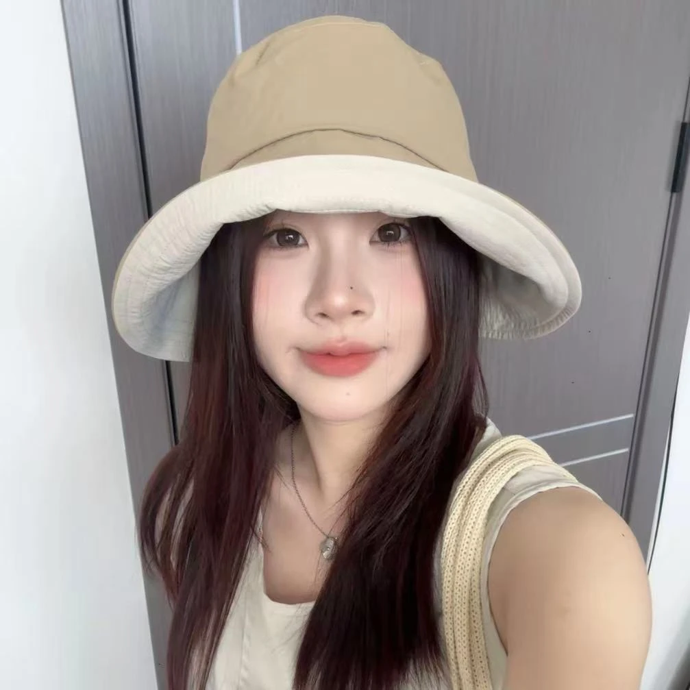 夏季薄款日系显脸小大檐拼色女渔夫帽子出游帽休闲盆帽遮阳帽