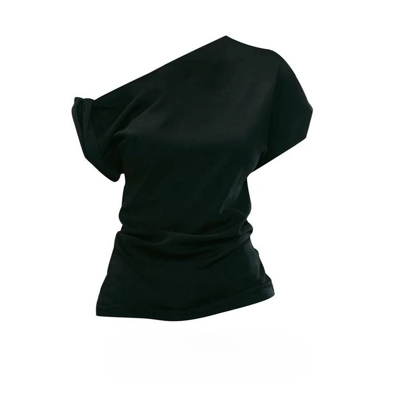 大码胖洋气辣妹别致斜领露肩短袖恤女夏简约百搭独特别致上衣