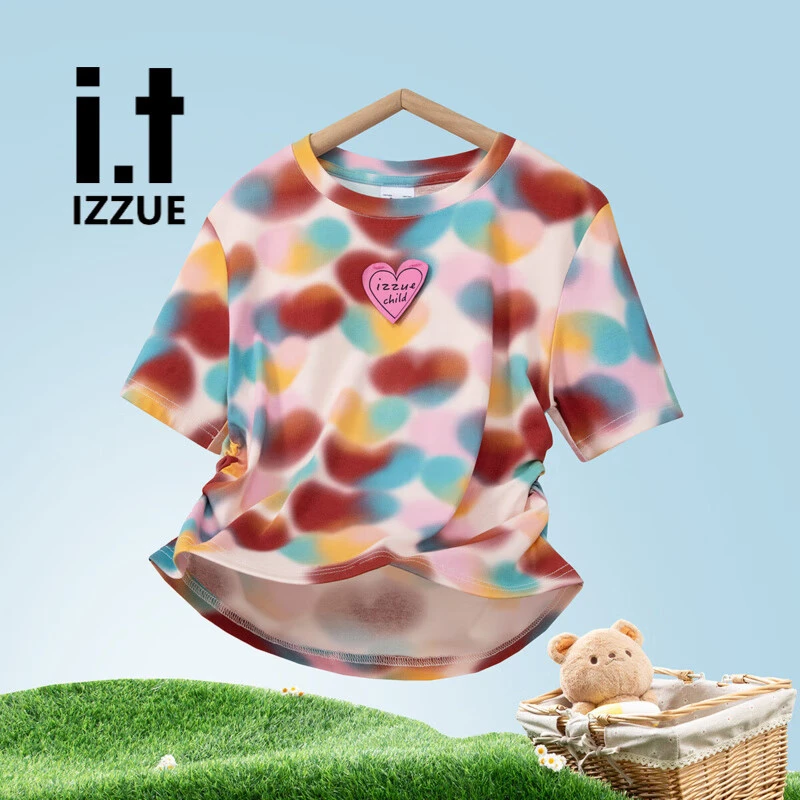 IZZUE女童夏季t恤中大童彩色洋气撞色圆领夏装儿童短袖上衣