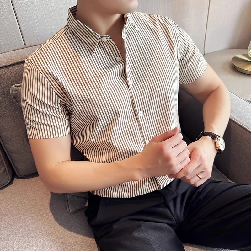 衬衫男士高级感商务修身竖条纹休闲短袖免烫弹力衬衣夏季新款