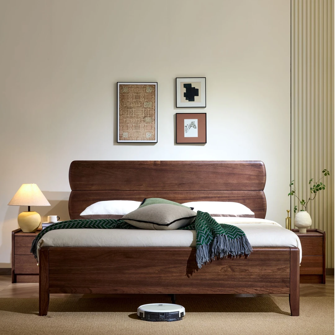 现代简约胡桃木全实木主卧1.8米双人床1.5米次卧北欧极简婚床336#