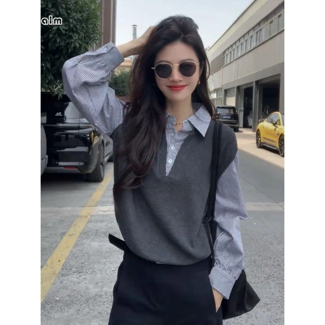 GiftPalm巨好看早秋季韩系穿搭polo领假两件针织衫女chic高级上衣