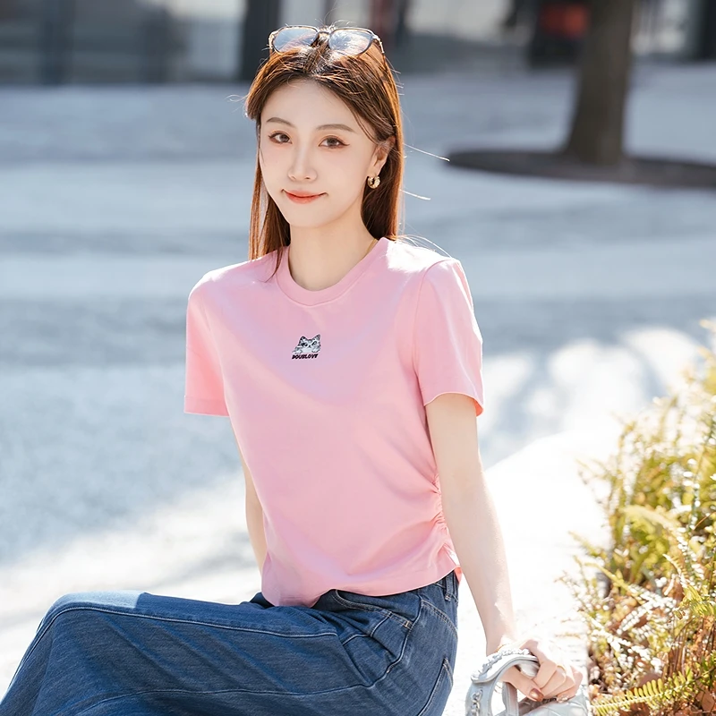 【萌宠瘦瘦T】简约猫咪刺绣T恤圆领收腰DOUBLOVE贝爱25夏季新款